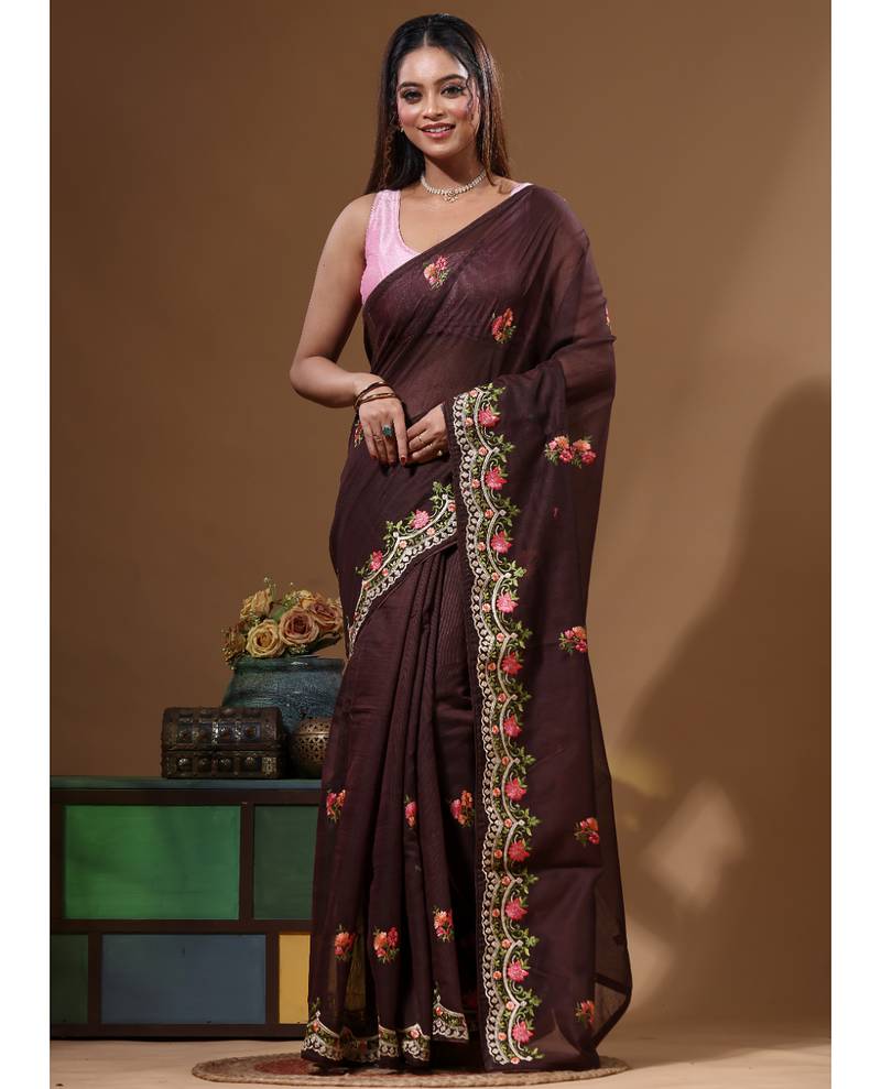 Brown supernet with embroidery saree with blouse piece