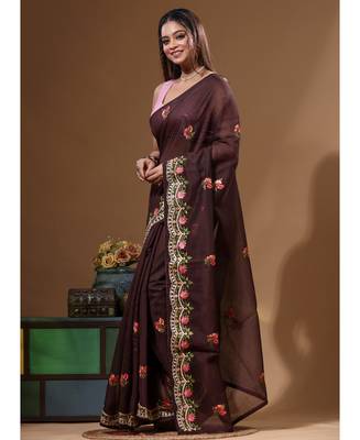 Brown supernet with embroidery saree with blouse piece 2