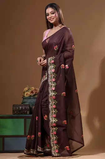 Brown supernet with embroidery saree with blouse piece