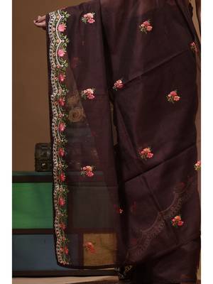 Brown supernet with embroidery saree with blouse piece 3