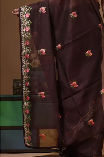 Brown supernet with embroidery saree with blouse piece