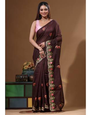 Brown supernet with embroidery saree with blouse piece 4