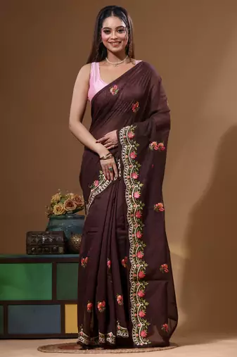 Brown supernet with embroidery saree with blouse piece