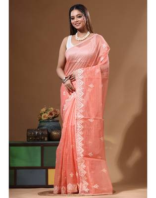 Peach supernet with embroidery saree with blouse piece 1