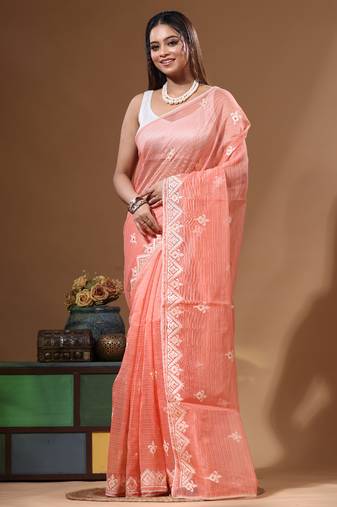 Peach supernet with embroidery saree with blouse piece