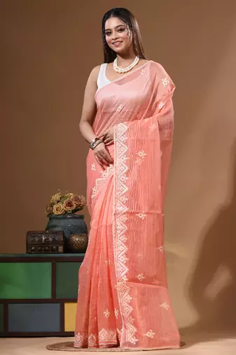 Peach supernet with embroidery saree with blouse piece