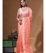Peach supernet with embroidery saree with blouse piece