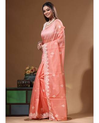 Peach supernet with embroidery saree with blouse piece 2