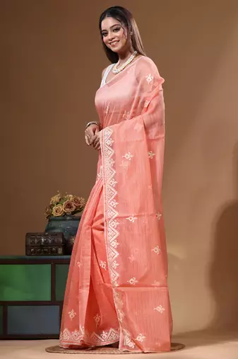 Peach supernet with embroidery saree with blouse piece