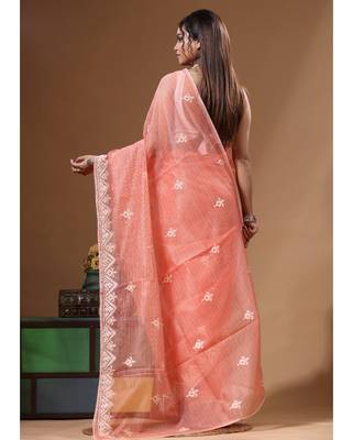 Peach supernet with embroidery saree with blouse piece 3