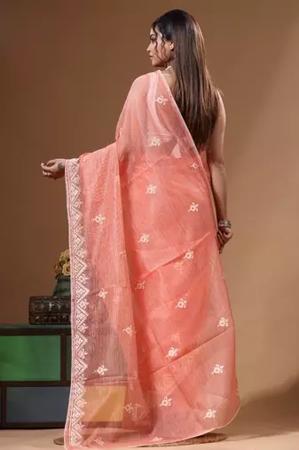 Peach supernet with embroidery saree with blouse piece