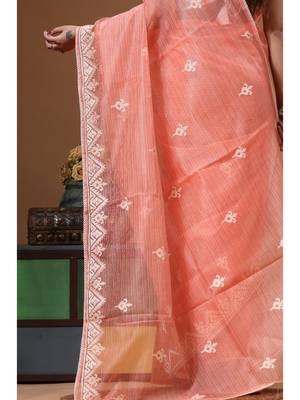 Peach supernet with embroidery saree with blouse piece 4