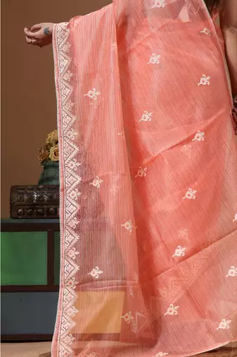 Peach supernet with embroidery saree with blouse piece