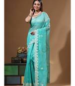 Sea green supernet with embroidery saree with blouse piece