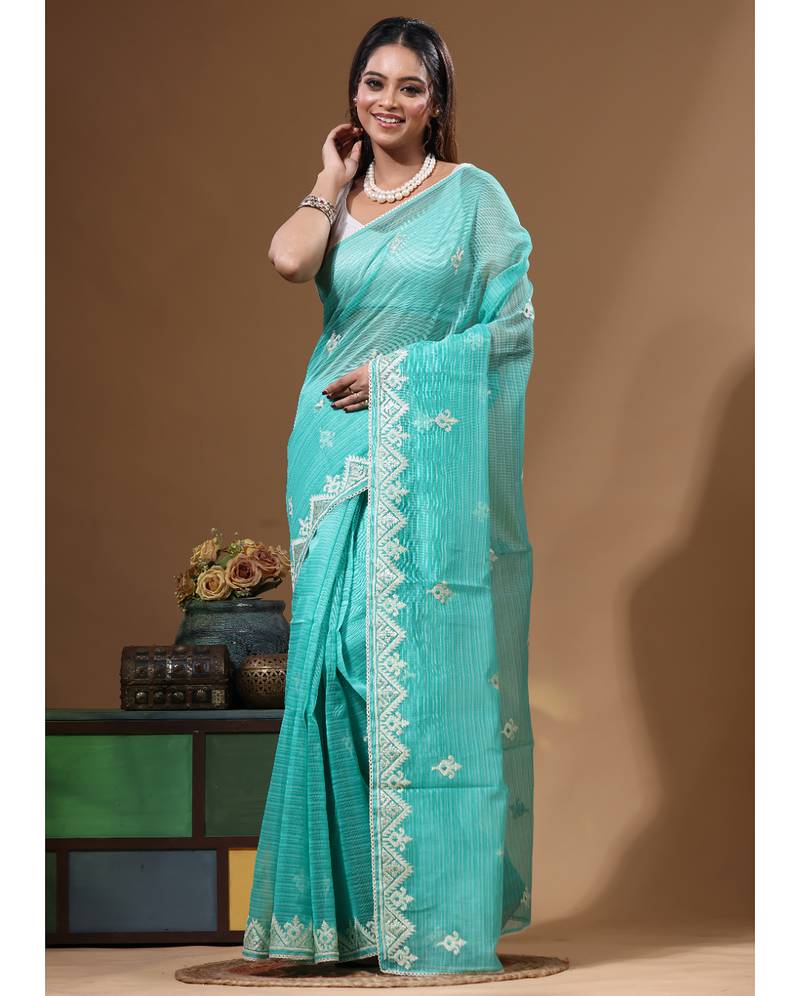 Sea green supernet with embroidery saree with blouse piece