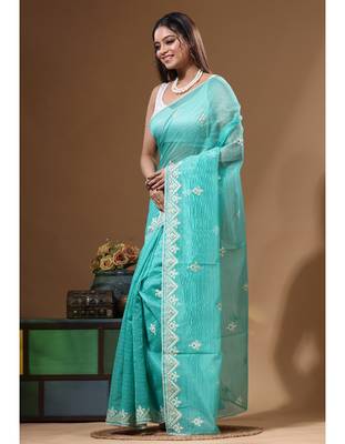 Sea green supernet with embroidery saree with blouse piece 2