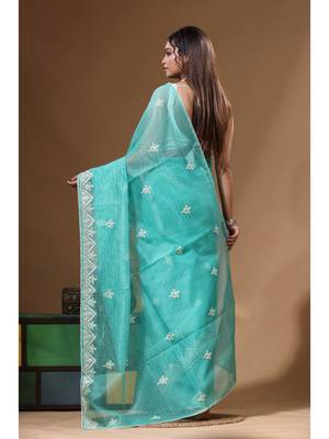Sea green supernet with embroidery saree with blouse piece 3