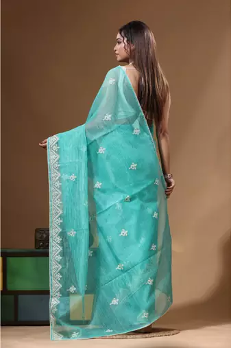 Sea green supernet with embroidery saree with blouse piece