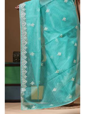Sea green supernet with embroidery saree with blouse piece 4