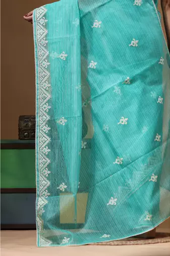 Sea green supernet with embroidery saree with blouse piece