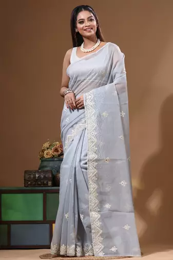 Grey supernet with embroidery saree with blouse piece