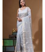 Grey supernet with embroidery saree with blouse piece