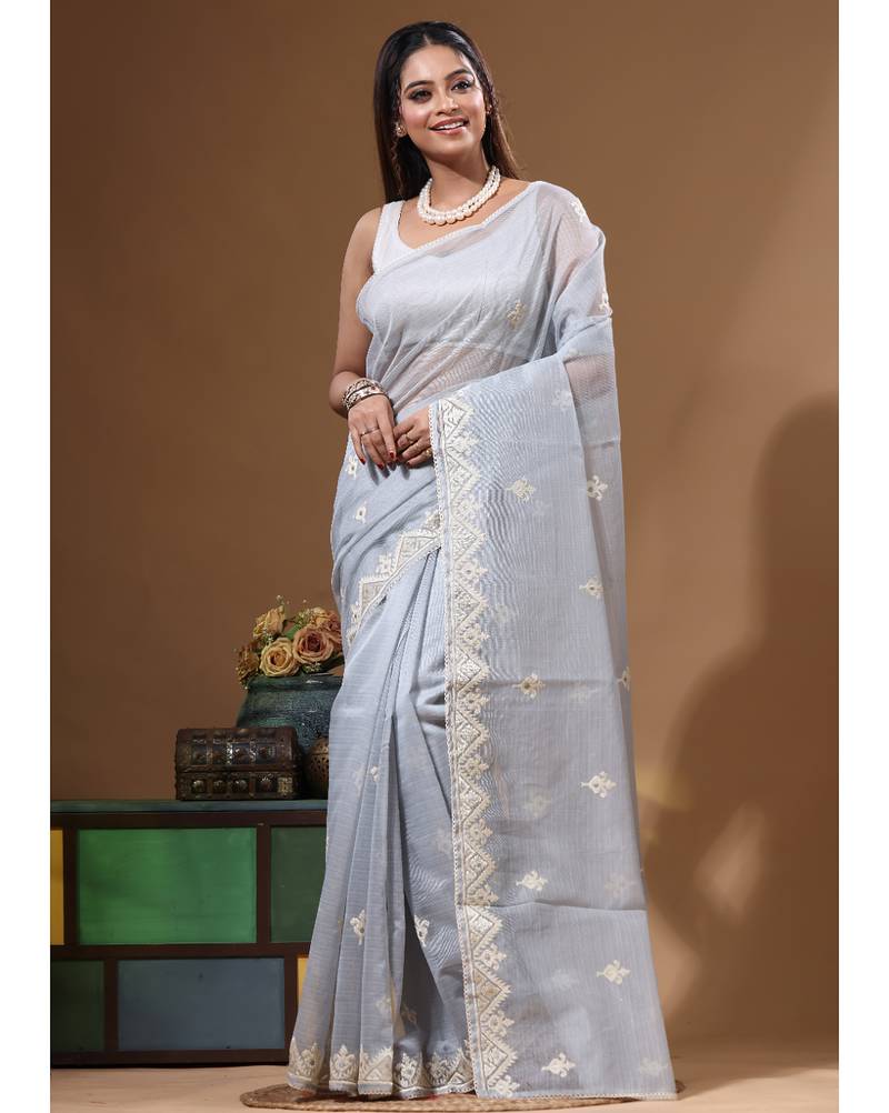 Grey supernet with embroidery saree with blouse piece