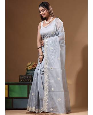Grey supernet with embroidery saree with blouse piece 2