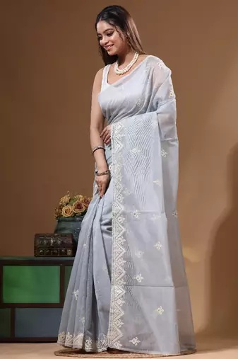 Grey supernet with embroidery saree with blouse piece