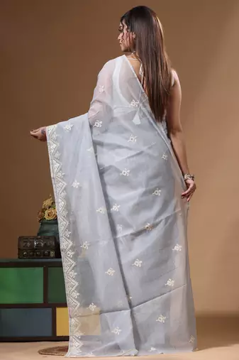 Grey supernet with embroidery saree with blouse piece