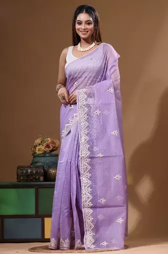 Lavendar supernet with embroidery saree with blouse piece
