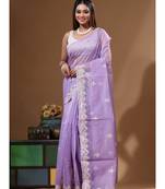 Lavendar supernet with embroidery saree with blouse piece