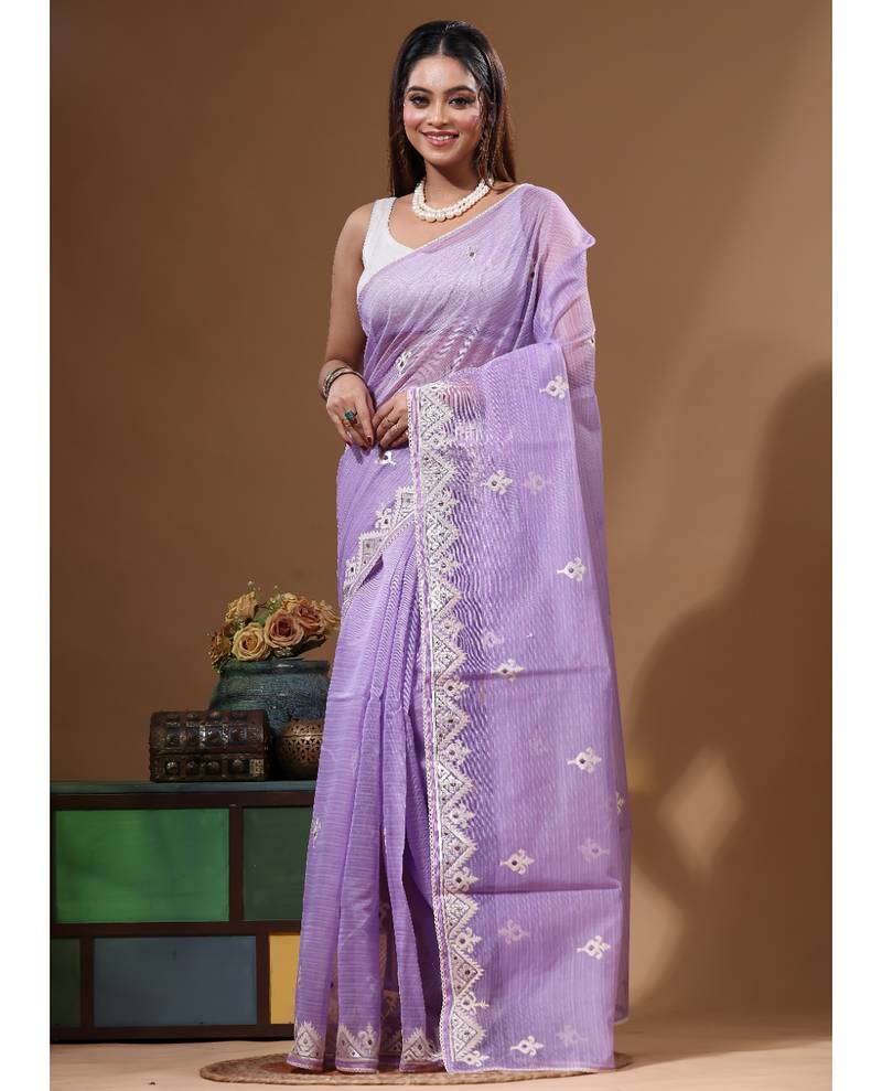 Lavendar supernet with embroidery saree with blouse piece
