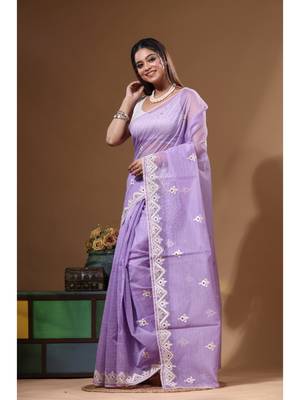 Lavendar supernet with embroidery saree with blouse piece 2