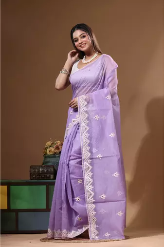 Lavendar supernet with embroidery saree with blouse piece