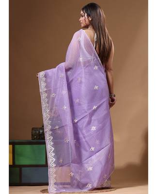 Lavendar supernet with embroidery saree with blouse piece 3