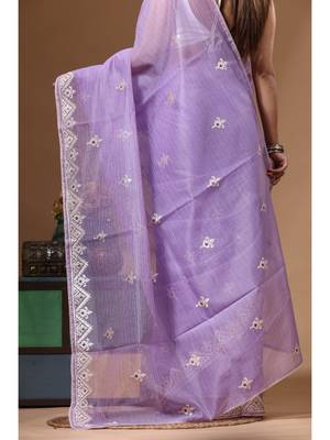 Lavendar supernet with embroidery saree with blouse piece 4