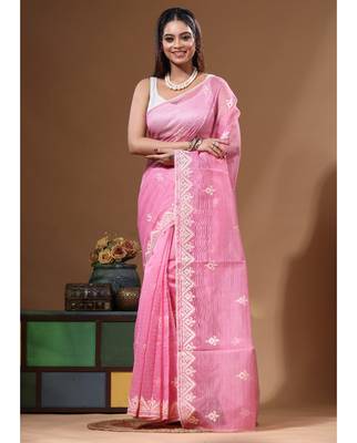 Pink supernet with embroidery saree with blouse piece 1
