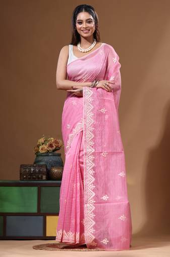 Pink supernet with embroidery saree with blouse piece