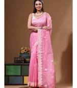 Pink supernet with embroidery saree with blouse piece