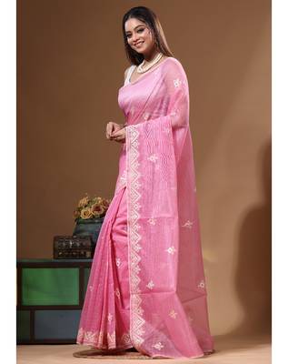 Pink supernet with embroidery saree with blouse piece 2