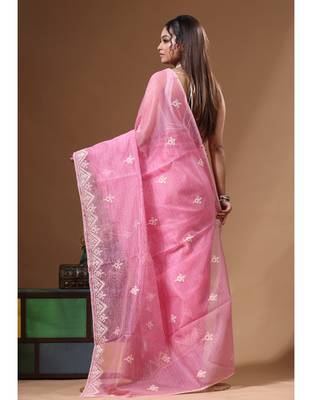 Pink supernet with embroidery saree with blouse piece 3
