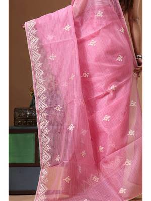 Pink supernet with embroidery saree with blouse piece 4