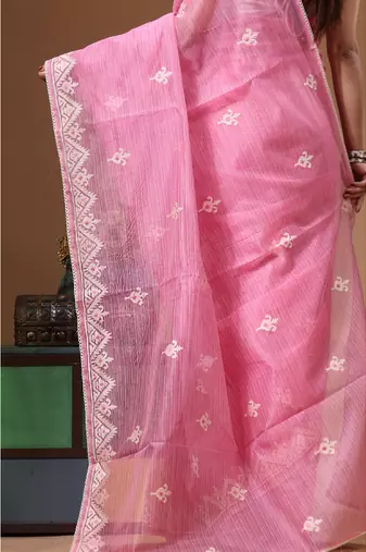 Pink supernet with embroidery saree with blouse piece