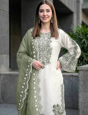 Light Green Color Embroidery And Thread Work Silk Blend Salwar Suit 2