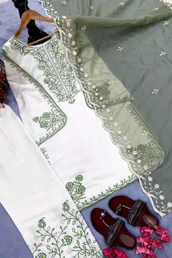 Light Green Color Embroidery And Thread Work Silk Blend Salwar Suit