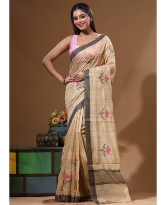Beige semi- chanderi with embroidery saree with blouse piece 1