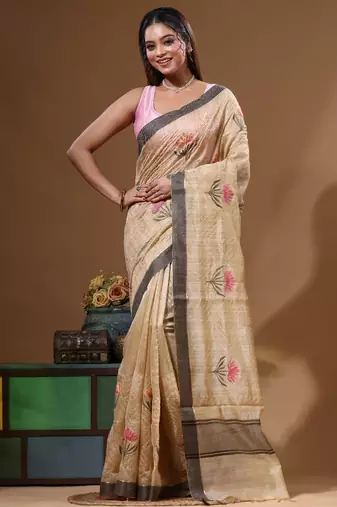 Beige semi- chanderi with embroidery saree with blouse piece