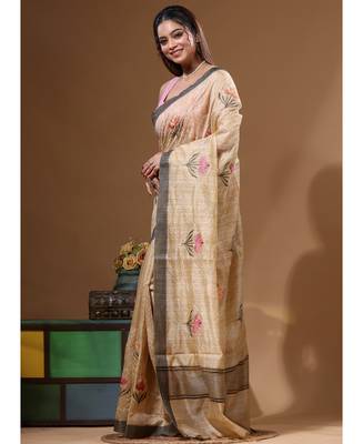 Beige semi- chanderi with embroidery saree with blouse piece 2