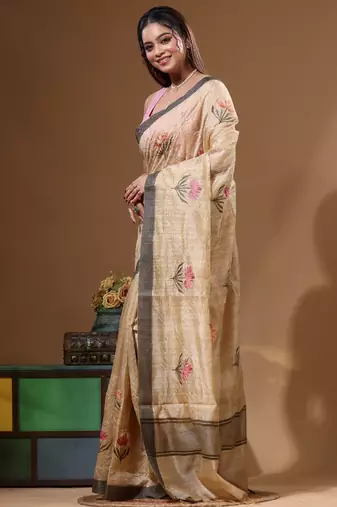 Beige semi- chanderi with embroidery saree with blouse piece